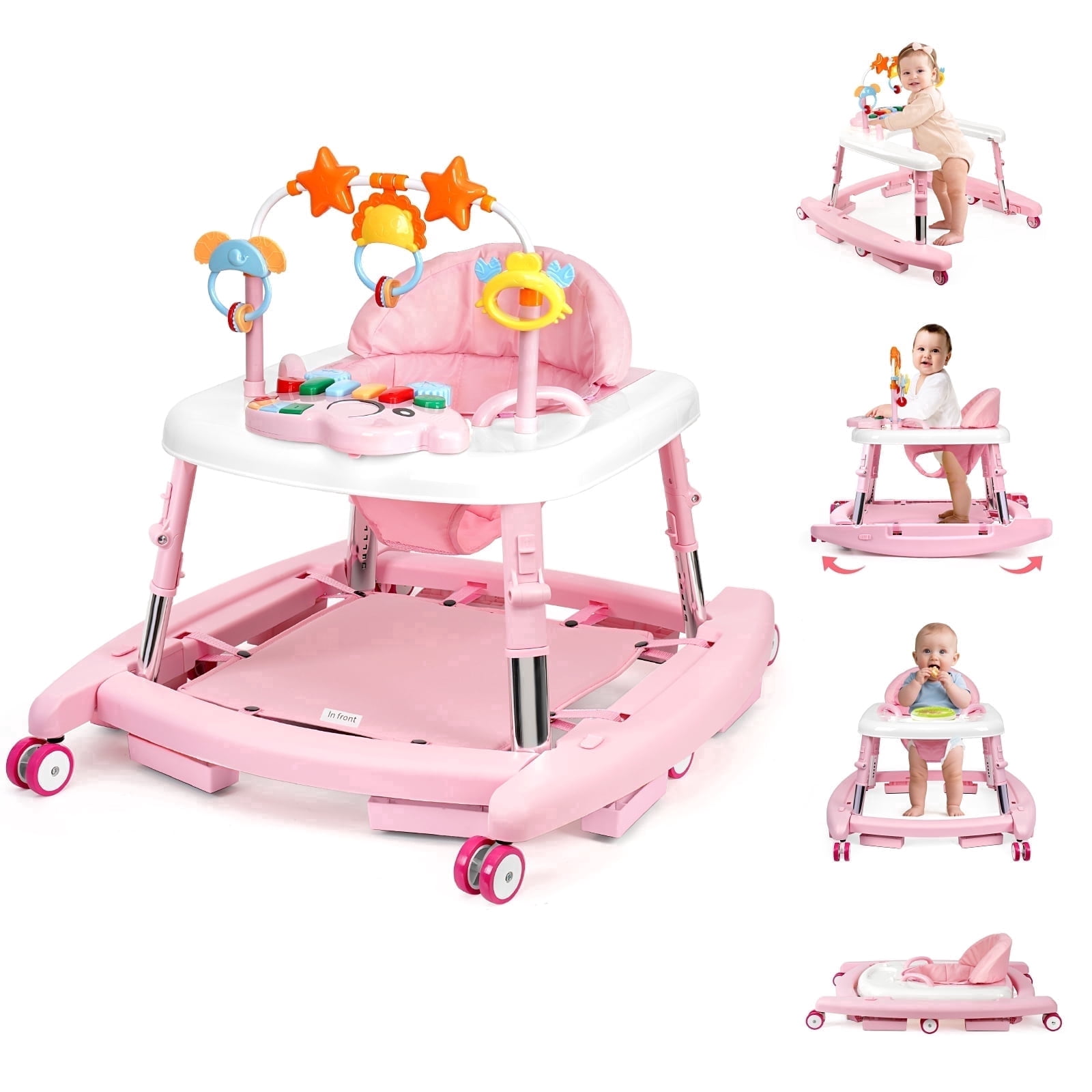 XIOYIG 5 in 1 Baby Walker, Music and Lights Walker for Baby Boy Girls 6-18 Months, Foldable Baby Walkers with Wheels and Bouncer Combo Portable, Toddler Infant Walker with Adjustable Height