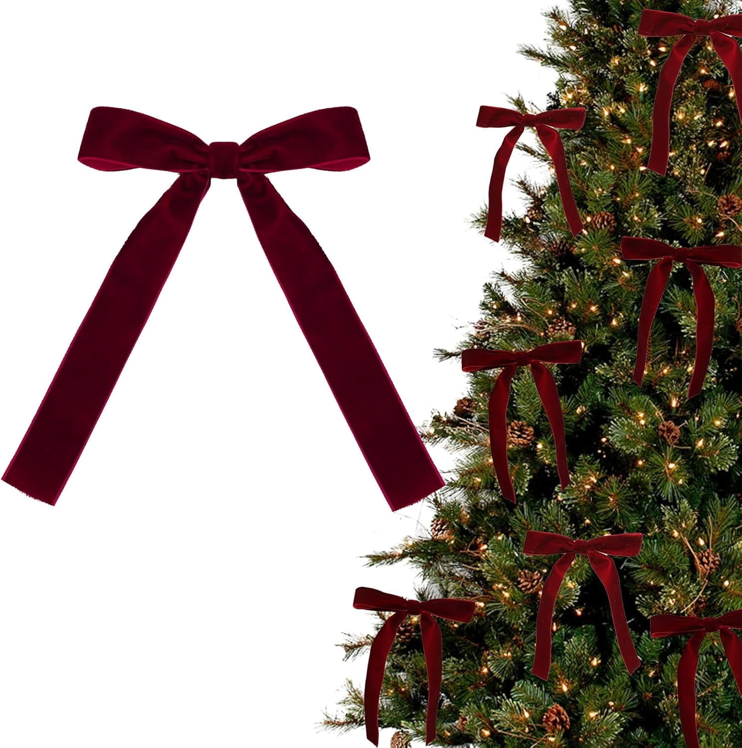 Wine Red Velvet Christmas Tree Bows with Gold Ties, Set of 12