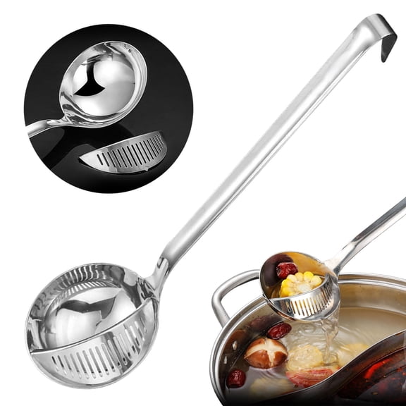 XIPYYKM 1Pc Stainless Steel Strainer Ladle, 2 in 1 Soup Strainer Separates Liquids, Soup Colander Strainer Soup Ladle for Cooking and Straining