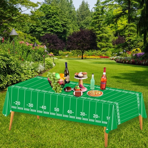 XIPYYKM 1Pcs Football Tablecloth Plastic Football Field Tablecloth (108" x 54") Football Party Decorations Football Table Cover for Football Party Birthday Football Game Day Tailgate Party