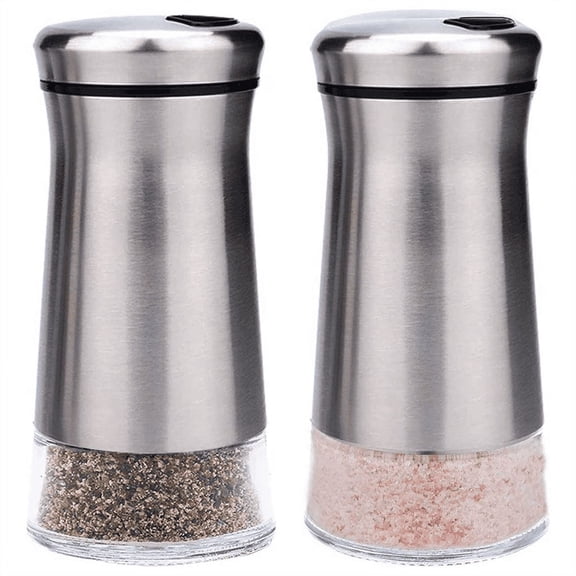 XIPYYKM 2Pcs Salt and Pepper Shakers Set with Adjustable Pour Holes - Glass and Stainless Steel Salt Shaker and Pepper Shaker - Farmhouse Spice dispenser for salts, ground peppercorn and spices