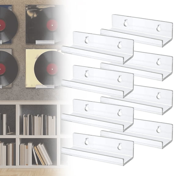 XIPYYKM Vinyl Record Shelf Wall Mount, 4 inch Clear Acrylic Album Record Holder Display, Floating Shelves for Wall, Magazine Shelf, Bookshelf, Suitable for Bedroom, Living Room, etc.—8 Pack