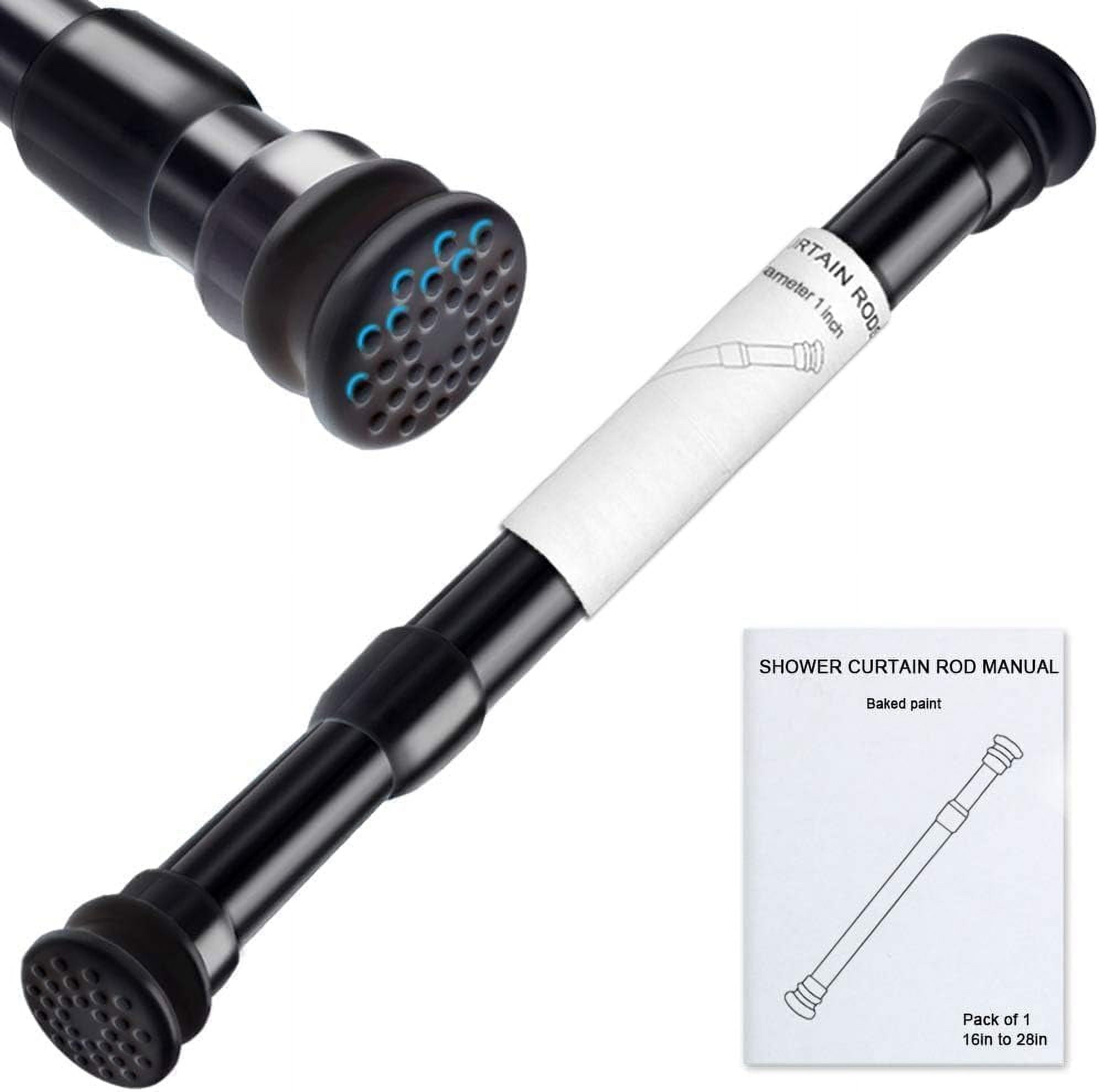 XIQIYY Strong Small Tension Rods 16 to 28 Inch Diameter 22 MM 1Pcs 1inch Shower Curtain Rod Black, Anti-slip -Heavy Duty Adjustable Spring Tension Rod for Windows,Bathroom