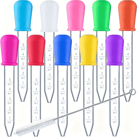 XIRQI 10Pack Liquid Pipettes Droppers Silicone 5Ml Clear Medicine Eye Dropper for Kids with Bulb Tip&Clean Brush for Candy Mold,Gummy Bear,Gelatin Maker,Oil Science,Crafts Projects(10 Colors)