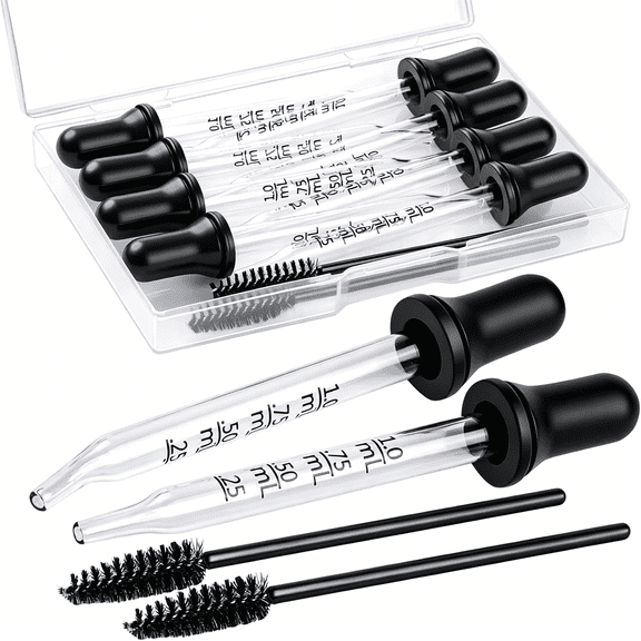 XIRQI 10Pcs Eye Dropper 8Pcs Glass Pipettes Dropper and 2Pcs Cleaning Tool,Droppers for Oils Bent and Straight Tips,1Ml Dropper for Liquid Essential Oils,Ear,Eye,Craft,Measuring