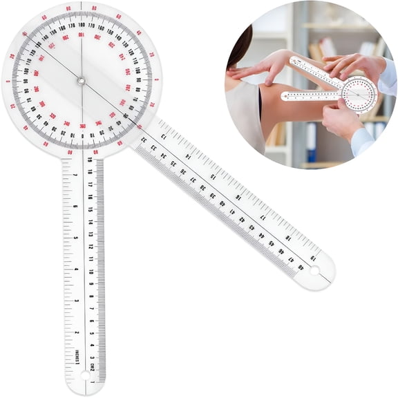 XIRQI 12 Inch Goniometer,Transparent Orthopedic Angle Ruler Plastic Goniometer 360 Degree Angle Protractor for Body Measuring Tape