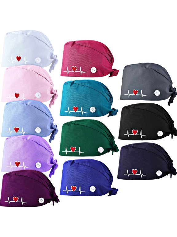 12 Pieces Bouffant Nursing Scrub Surgical Cap Adjustable Button Hats Sweatband Gourd Shaped Hats for Women Men Nursing Caps for Women