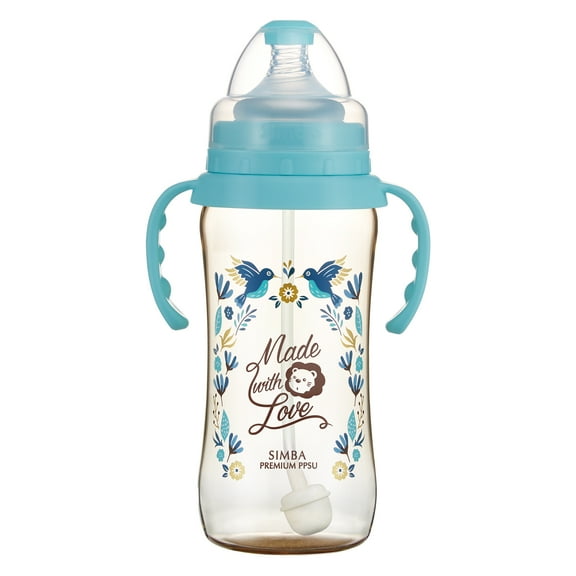 XIRQI 12 oz PPSU Wide Neck Feeding Bottle with Handle and Weight Straw (Blue, Stage 1 Nipple)