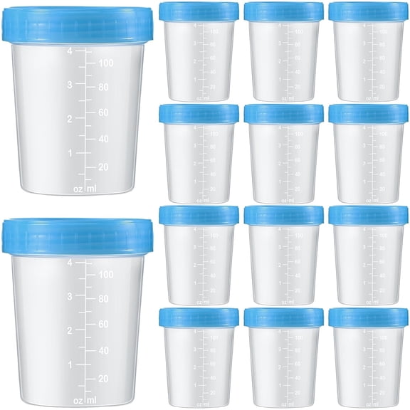 XIRQI 15 Pcs Disposable Specimen Cup Urine Cups for Testing 4oz Specimen Container with Leak Proof Screw-On Lids for Urinalysis Pee Stool Sample Collection(Blue)