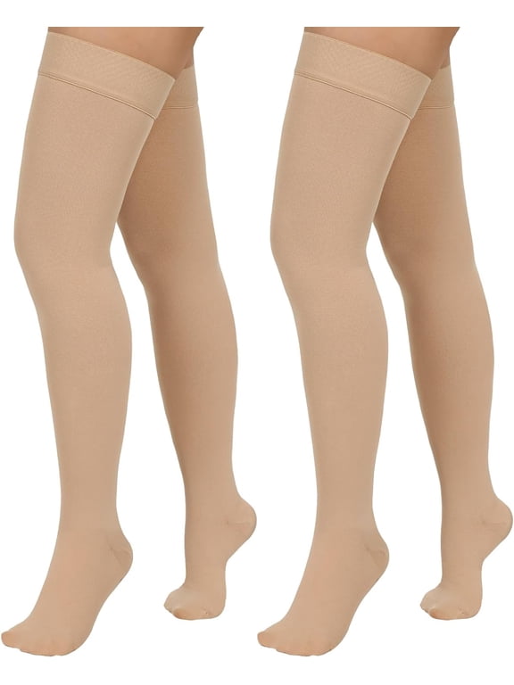 XIRQI 2 Pairs 20-30 mmHg Thigh High Compression Stockings, Closed Toe Medical Socks with Silicone Dot Band, Graduated Support Hosiery for Men and Women