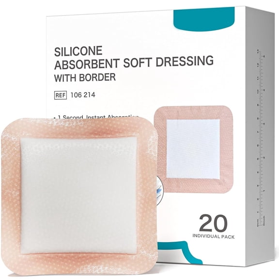 XIRQI 20 Count Silicone Super Absorbent Wound Dressing Gentle Border 5" X 5" Adhesive Bandages for Diabetic Foot Ulcers,Heavy Exudate Wound Care Pads