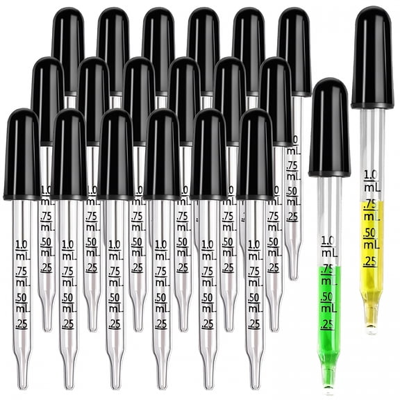 XIRQI 20 Pack 1ml Glass Eye Droppers, Straight-Tip Pipettes for Essential Oils & Medicine, Reusable Lab Dispenser with Storage Container