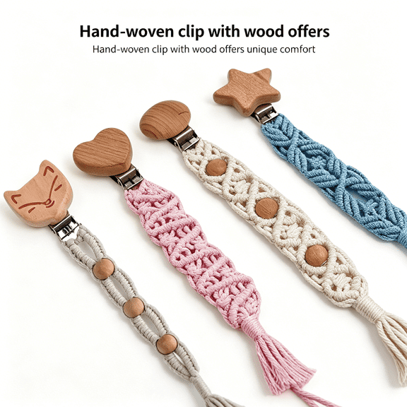 XIRQI 2026 New 4Pcs Pacifier Clip,Natural Wooden Clip for Stability and Durability Pacifier Holder,Universal Strap with Multi-Functional Compatibility Binky Clips