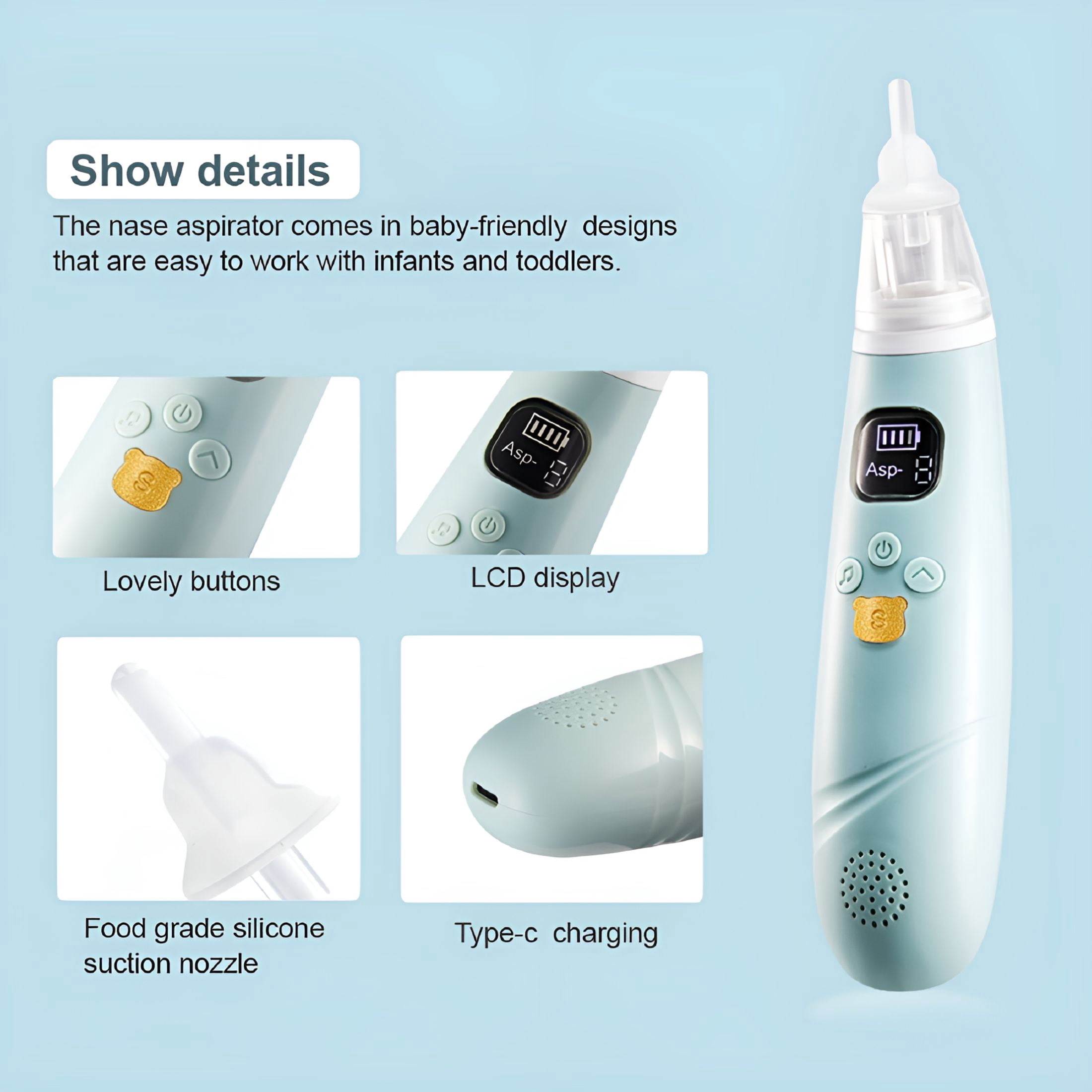 XIRQI 2026 New Nasal Aspirator,Built-In Battery with 3Pcs Low Noise Suction,Handheld Nose Silicone Cleaner for Baby for Nasal Care,Baby Health,Travel,On-The-Go Use,Parent Outings