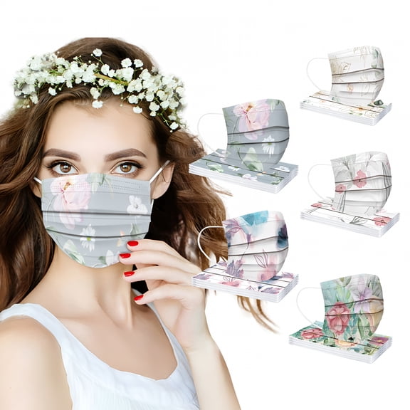 XIRQI 2026 New Women'S Adult Disposable Floral Print Mask 3Ply Ear Breathable Mask 50Pcs,For Daily Protection,Outdoor Activities,Travel,Shopping,Office Use,Public Places