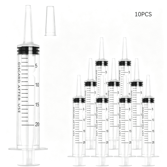 XIRQI 20Ml Plastic Syringe with Cap,Large Syringes without Needle for Liquid,Scientific Labs,Measurement,Pet Feeding ,Ink Refilling ,Oil Or Glue Applicator,Individually Wrapped (10 Pack)