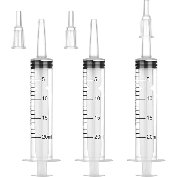 XIRQI 20Ml Plastic Syringe for Liquid-3 Pack Large Syringes with Adapter for Scientific Labs,Feeding,Oil Filling,Individually Wrapped 3 Pack 3-Piece Syringe Feeder