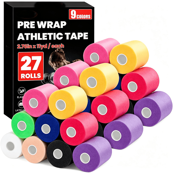 XIRQI 27Pcs Pre Wrap Tape,9 Colors 2.76Inx11 Yards Prewrap Athletic Tape for Hair Soccer,Pre Wrap Foam Tape,Soccer Pre Wrap Tape,Prewrap Headbands for Hair