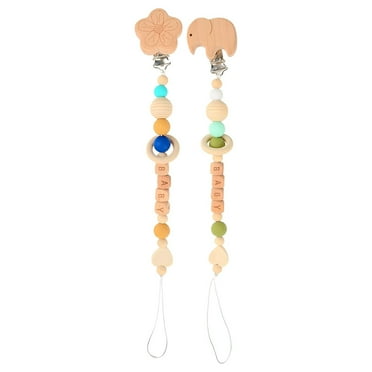 XIRQI 2Pcs Pacifier Clip,Heart Wooden Bead Decoration Pacifier Holder,Animal Shape Design Binky Clips