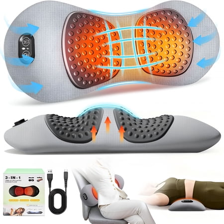 XIRQI 3-In-1 Electric Lumbar Support Pillow with Heat,Vibration & Traction,Back Support Pillow for Bed & Chair,Lumbar Support Pillow for Lower Back Pain Relief & Spine Support