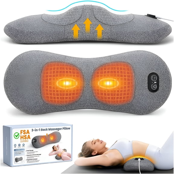 XIRQI 3-In-1 Electric Lumbar Support Pillow,Triple Fusion Back Massager with Heat,Vibration and Traction,Lower Back Massager for Pain Relief Deep Tissue,Grey