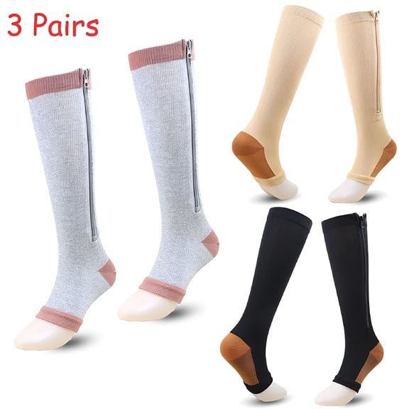 XIRQI 3 Pairs Compression Socks for Women Zipper Compression Socks Calf Knee High Stocking Open Toe Compression Socks for Walking Running Hiking and Sports Use Compression Socks Funny Socks
