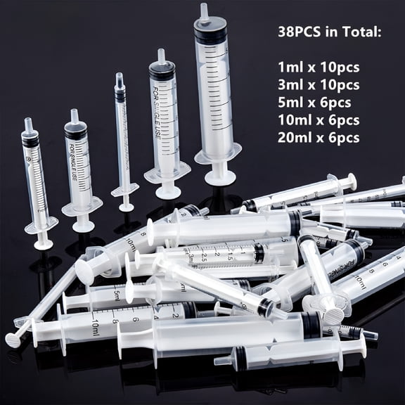 XIRQI 38Pcs Plastic Luer Lock Syringe Without Needle and 40Pcs Caps Syringes Including 5 Mixed Size (1Ml 3Ml 5Ml 10Ml 20Ml) Suitable for Glue Dispensing Pet Feeding Watering Refilling Clear