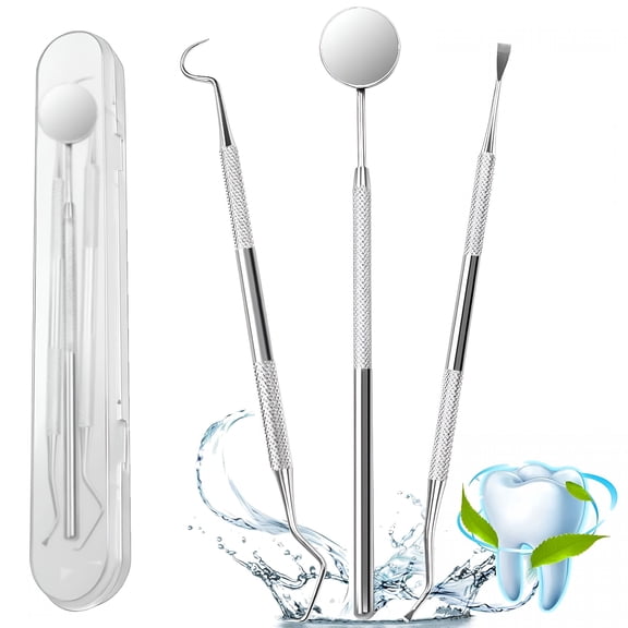 XIRQI 3Pcs Dental Tools Kit, Surgical 304 Stainless Steel Plaque Remover & Tartar Scraper, Professional Teeth Cleaning Picks with Dental Mirror, Safe Oral Hygiene Set for Adults and Pets