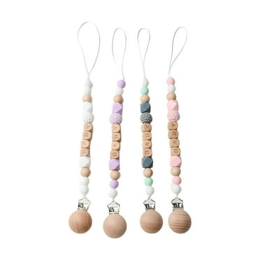 XIRQI 4Pcs Pacifier Clip,Natural Beechwood Pacifier Clip Pacifier Holder,Silicone Octagonal Beads Binky Clips
