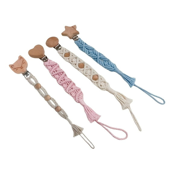 XIRQI 4Pcs Pacifier Clip,Natural Wooden Clip for Stability and Durability Pacifier Holder,Universal Strap with Multi-Functional Compatibility Binky Clips