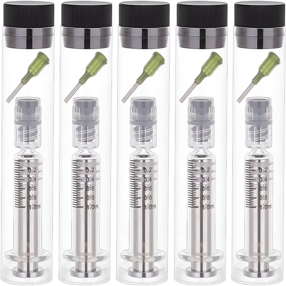 XIRQI 5-Pack 1ml Reusable Glass Syringe with Luer Lock and Blunt Tips, Precision Liquid Dispenser for Lab, CBD Oil, Vape Refill, Pet Feeding, Leak-Proof Measurement Tool, Silver