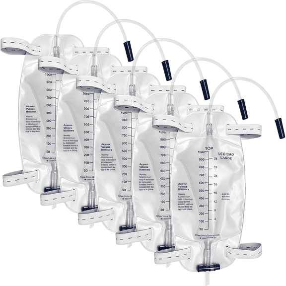 XIRQI 5 Pack Leg Bag with Anti-Reflux Valve,1000Ml Catheter Bags with 2 Cloth Straps,Disposable Urine Leg Bag for Home Care Easy Flip Drain