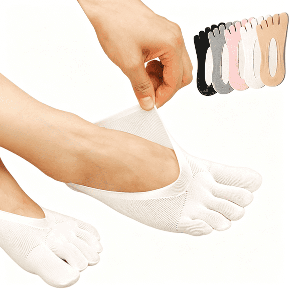 XIRQI 5 Pairs Orthopedic Toe Compression Socks for Bunion,Low Cut Liner Five Finger Socks No Show with Gel Tab Athletic Breathable Toe Separator Sock for Women