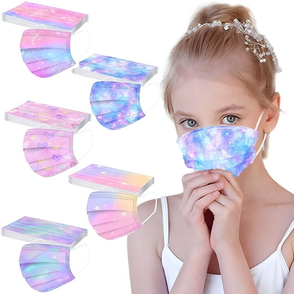 XIRQI 50 Pack Kids Disposable Face Masks Breathable 3-Ply Gradient Tie Dye Printed with Adjustable Nose Wire and Elastic Ear Loop for Girls & Boys,Back to School Supplies