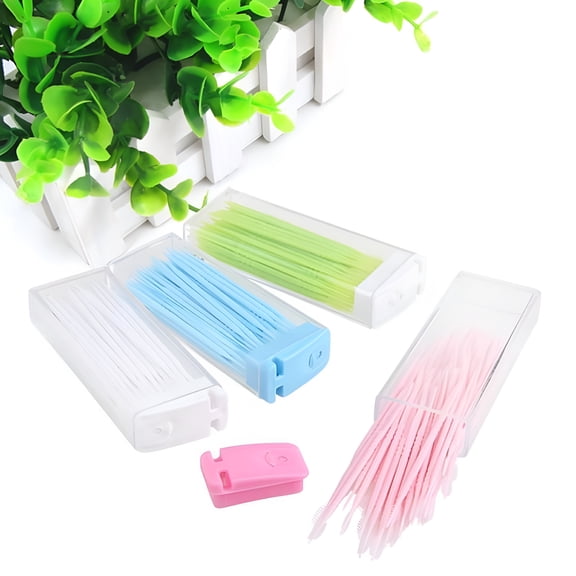 XIRQI 50 Pcs Plastic Toothpicks Oral Dental Picks Tooth Picks Interdental Brush with Portable Case - Random Color