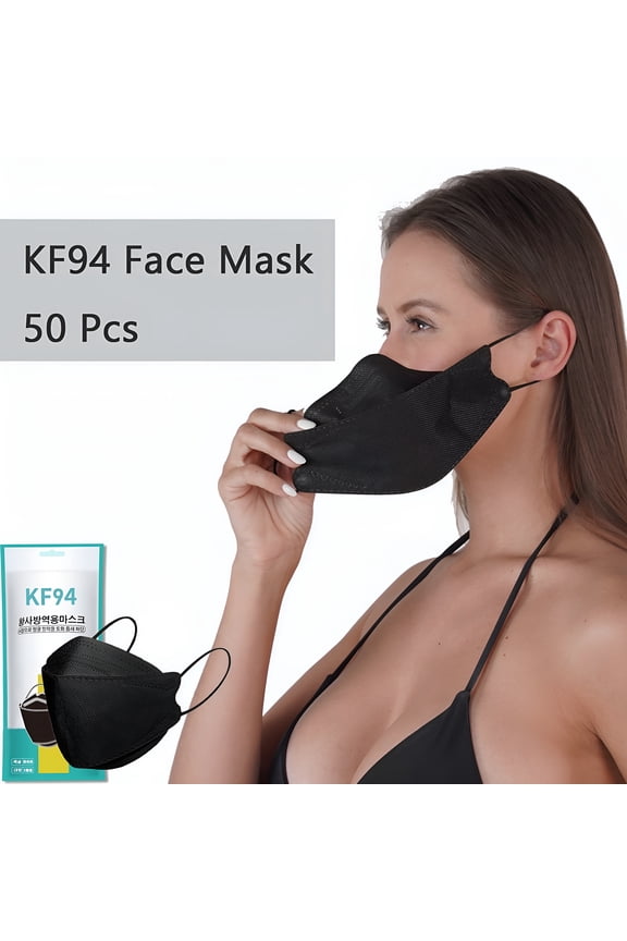 50 Pieces Black Adult KF/94 Face Mask Breathable Comfortable Adult Black 3D Masks Fish Type Facemask for Men Women Masks