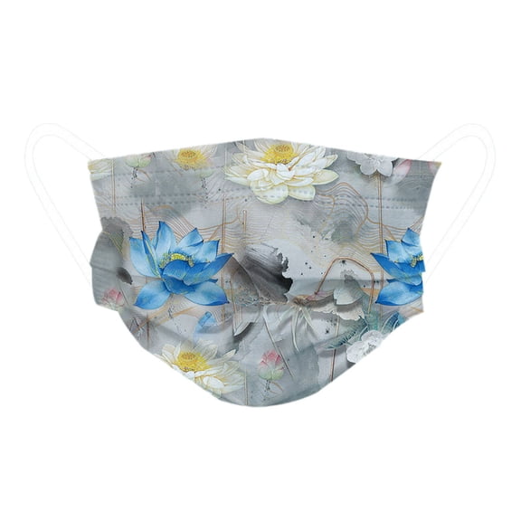 XIRQI 50Pcs Face Mask,Unique Chinese-Style Lotus Flower Print N95 Mask,Three-Layer Melt-Blown Protection Chinese-Style Design Dust Mask,Gray