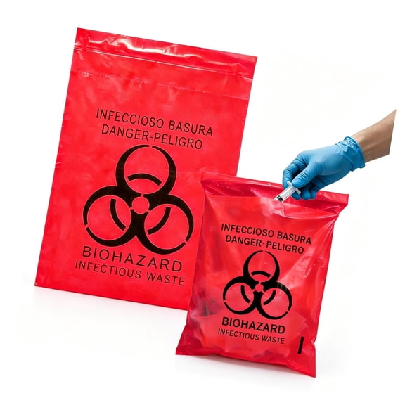 XIRQI 50pcs 9x13in/23x33cm Stick-On Biohazard Infectious Red Waste Bags