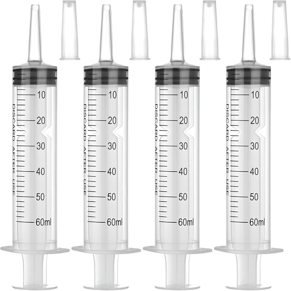 XIRQI 60Ml Syringes without Needle for Liquid,Large Plastic Syringe with Adapter and Cap for Pet Feeding,Plant Irrigation,Scientific Labs,Measuring Liquids,Individually Wrapped,4 Pack