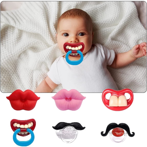 XIRQI 6Pack Funny Baby Pacifier Lips Mustache Silicone Bpa-Free | Funny Lips & Mustache Design, Perfect for Photos & Baby Showers. Made of Food-Grade Silicone. Soothes Teething Gums.