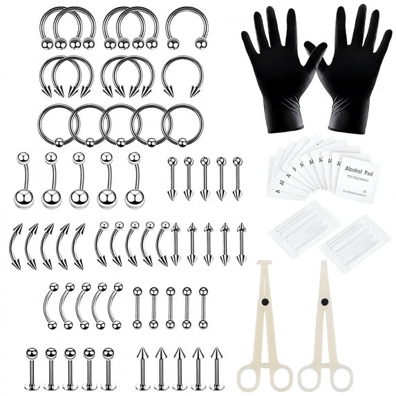 XIRQI 84Pcs Professional Piercing Kit Stainless Steel Navel Eyebrow Nose Needles Set