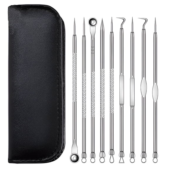 XIRQI 9 Pcs Blackhead Remover Comedones Extractor Acne Removal Kit for Blemish, Whitehead Popping, Zit Removing for Nose Face Tools with a Leather Bag