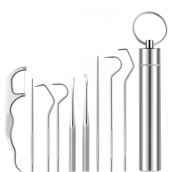 XIRQI 9 Pcs Dental Pick Set - Stainless Steel Tooth Pick with Storage Case, Reusable Teeth Cleaning Tools for Stain and Calculus Removal, Portable Oral Care Kit for Travel Camping Outdoor