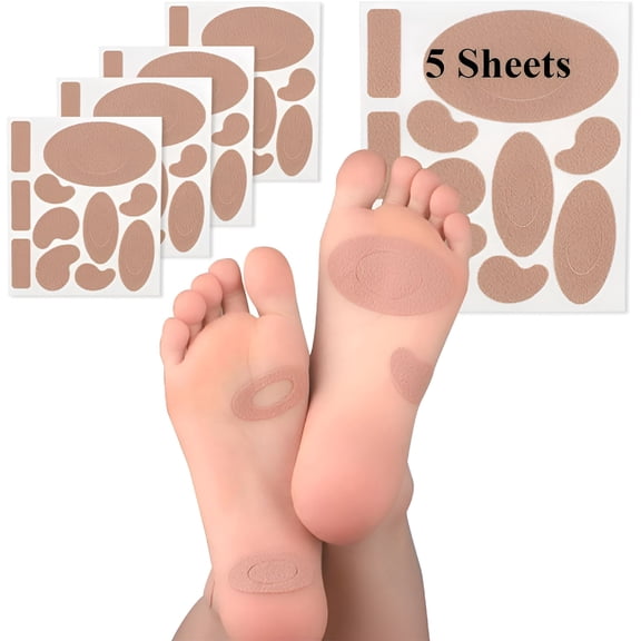 XIRQI Adhesive Moleskin Pads for Blister Feet,Moleskin Padding,Mole Skin Tape Stickers for Feet,Blister Prevention Bandages for Boots Hiking Reduce Friction Pain - 5 Sheets (55 Pieces Total)