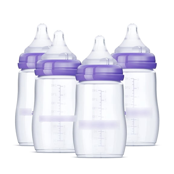 XIRQI Anti-Colic Baby Bottles, Bpa-Free Plastic, 8 Ounces, 4 Count, Medium Flow Nipples (Size M), Breastfeeding Bottle with Naturalwave Design Baby Bottles
