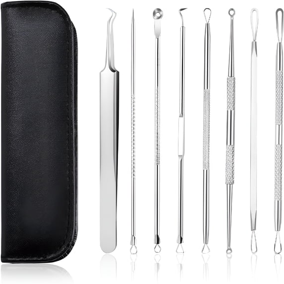 XIRQI Blackhead Remover Pimple Popper Tool Kit, 8 Pcs Acne Needles, Pimples Comedone Extractor, Stainless Blemish And Pore Cleaner Set with Leather Case