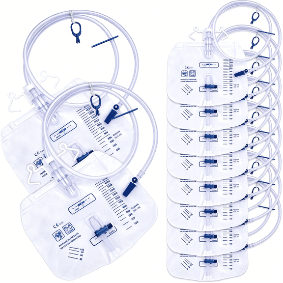 XIRQI Catheter Bags, 2000Ml Urine Bags for Men, Urinary Drainage Bag with Enhanced Anti-Reflux Chamber, 48 Thickened Drainage Tube, Adjustable Clips & Hanging Hook, 10 Pack