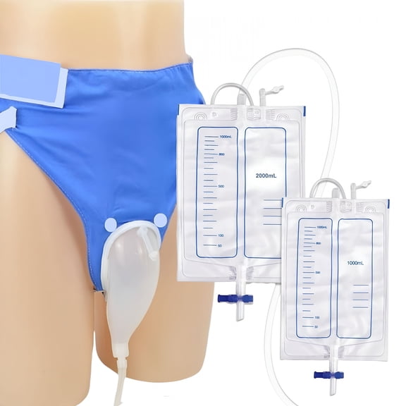 XIRQI Catheter for Men, Urine Collection System, Reusable Portable Silicone Urinal with 2 Bags(1000Ml&2000Ml), 1.2M Tube, and Adjustable Breathable Pants