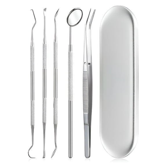 XIRQI Dental Tools,5 Pcs Professional Teeth Cleaning Tools Stainless Steel Dental Scaler,Mouth Mirror,Tarter Scraper,Tooth Pick,Tweezers,For Personal & Pet