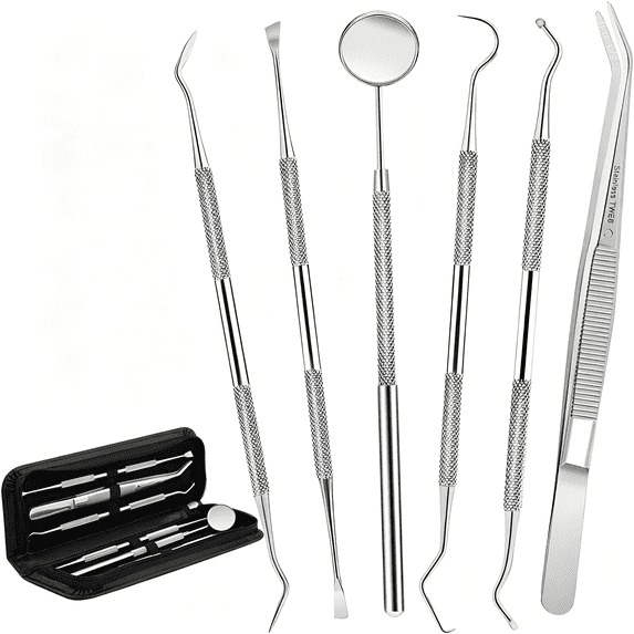 XIRQI Dental Tools,Stainless Steel 6 Pack Dental Pick,Dental Floss,Dental Hygiene Tool Set,Tooth Scraper,Plaque Tartar Remover,Dental Tweezers,Gum Floss for Personal Oral Care&Pet Use